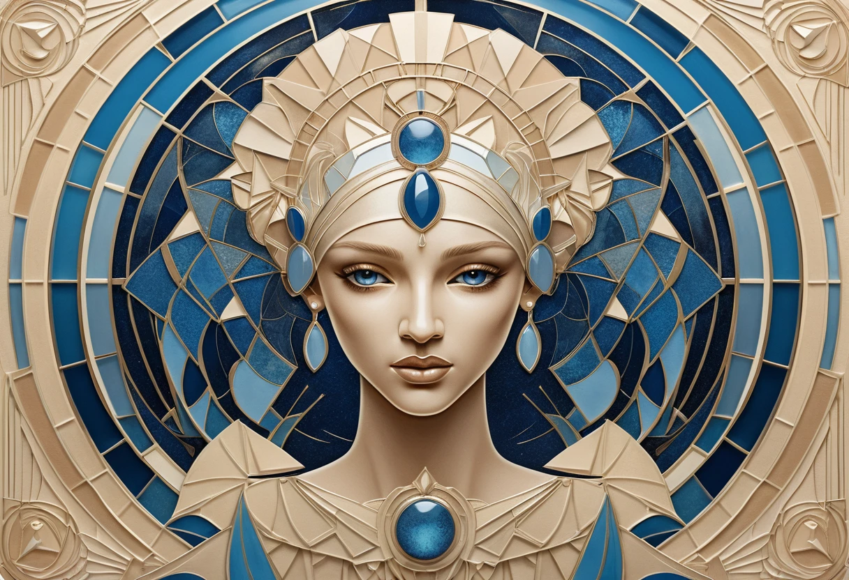 An art deco cancer zodiac emblem in beige and blue