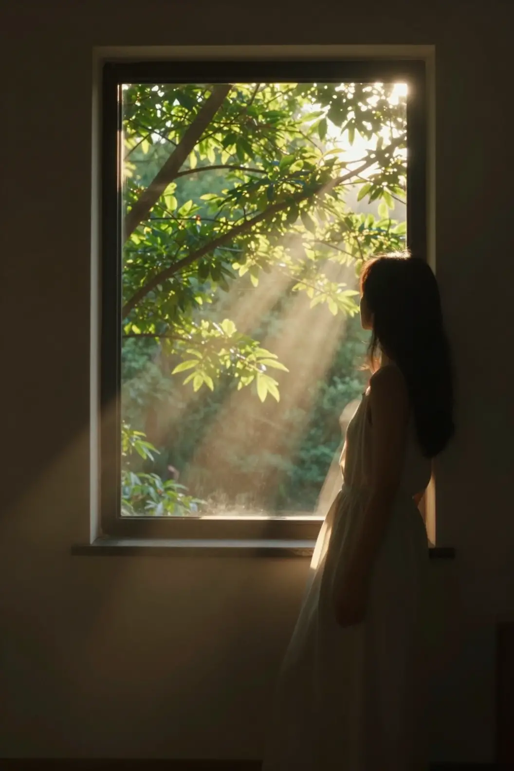 Golden sunlight streams through a window toward lush green trees