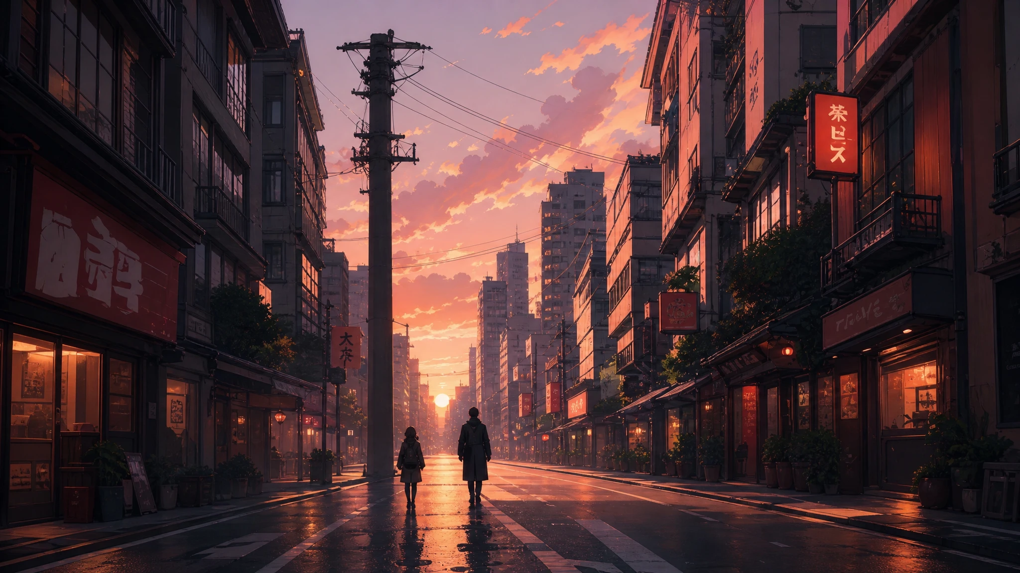 Two Silhouetted Pedestrians Walk Along a Quiet Japanese City Street at Dusk