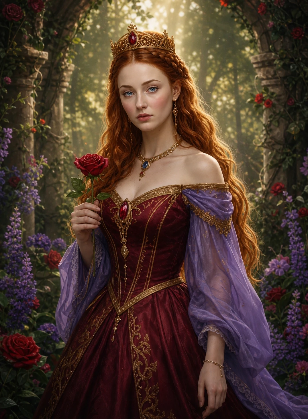 A young woman holds a red rose in a romantic garden