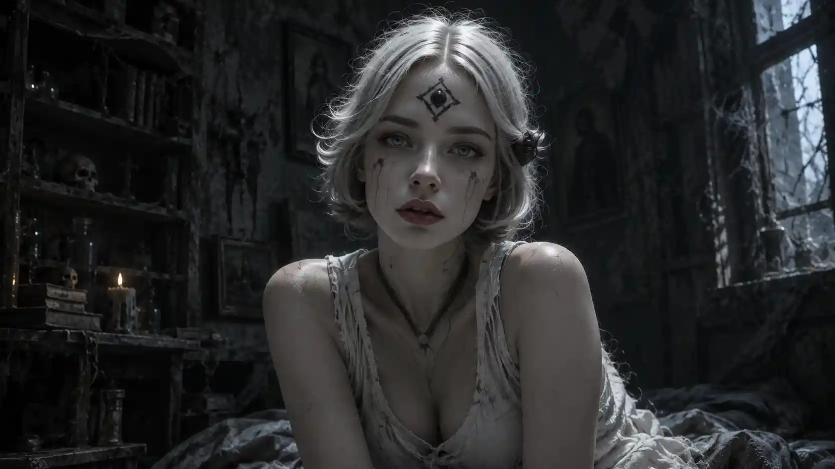 A Young Woman With White Hair and a Diamond Mark in a Dim Room