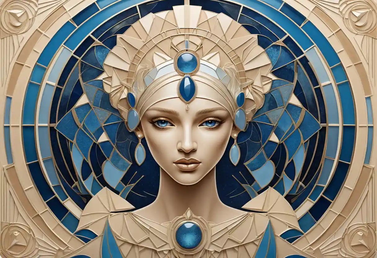 Un emblema del signo de Cáncer art déco en beige y azul