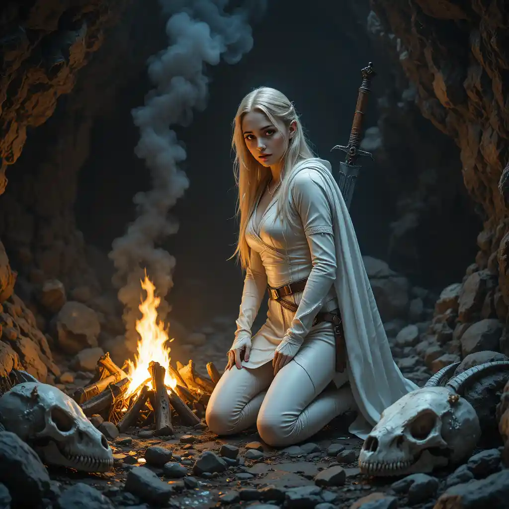 Una mujer rubia se arrodilla junto a una hoguera dentro de una cueva oscura