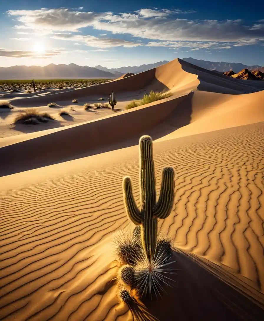 A solitary cactus rises above rippled dunes beneath a bright desert sun