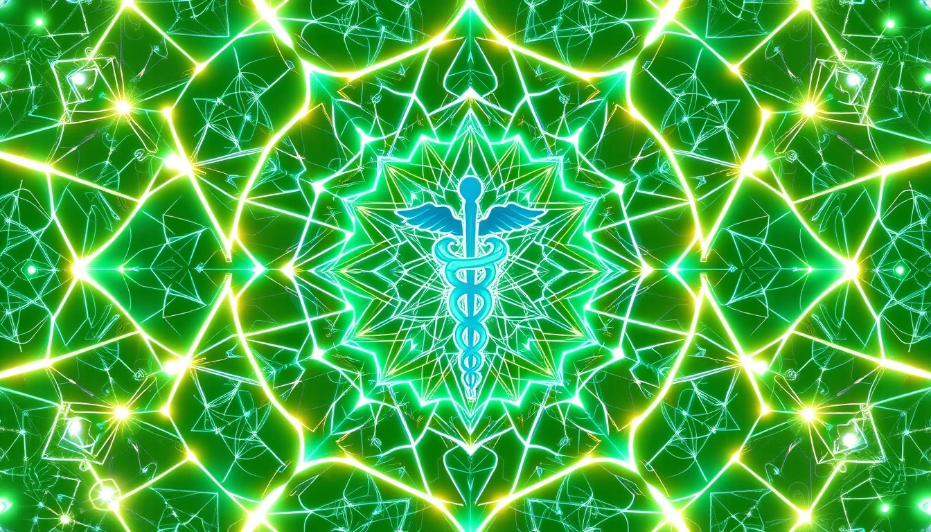 A geometric caduceus surrounded by radiant sacred patterns