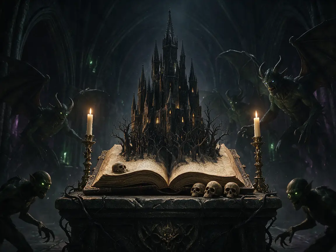 Un libro aperto rivela un castello oscuro su un antico altare