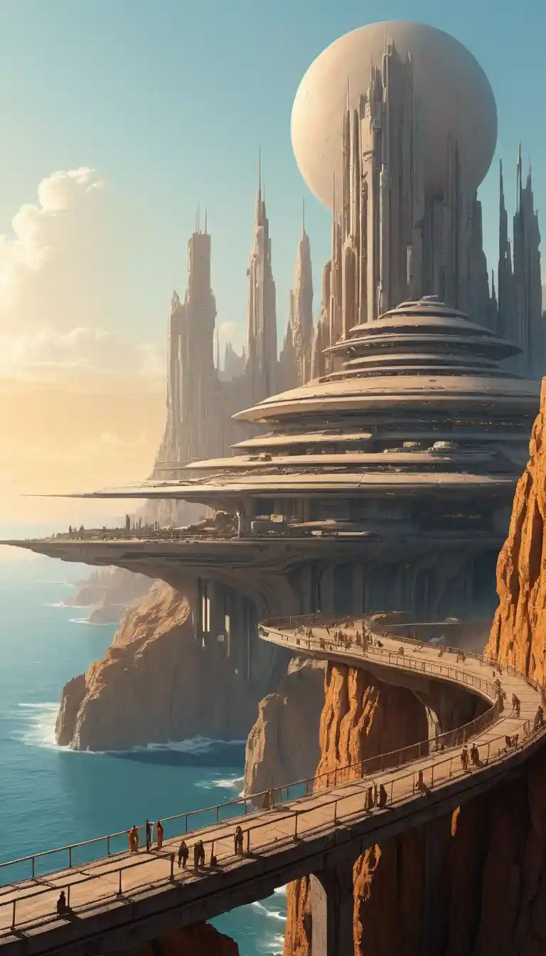 An ancient alien megastructure merges with sunlit seaside cliffs