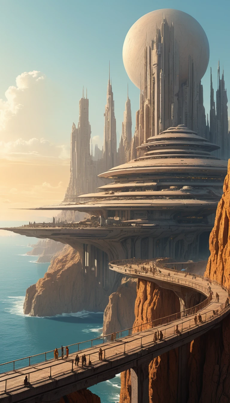 An ancient alien megastructure merges with sunlit seaside cliffs