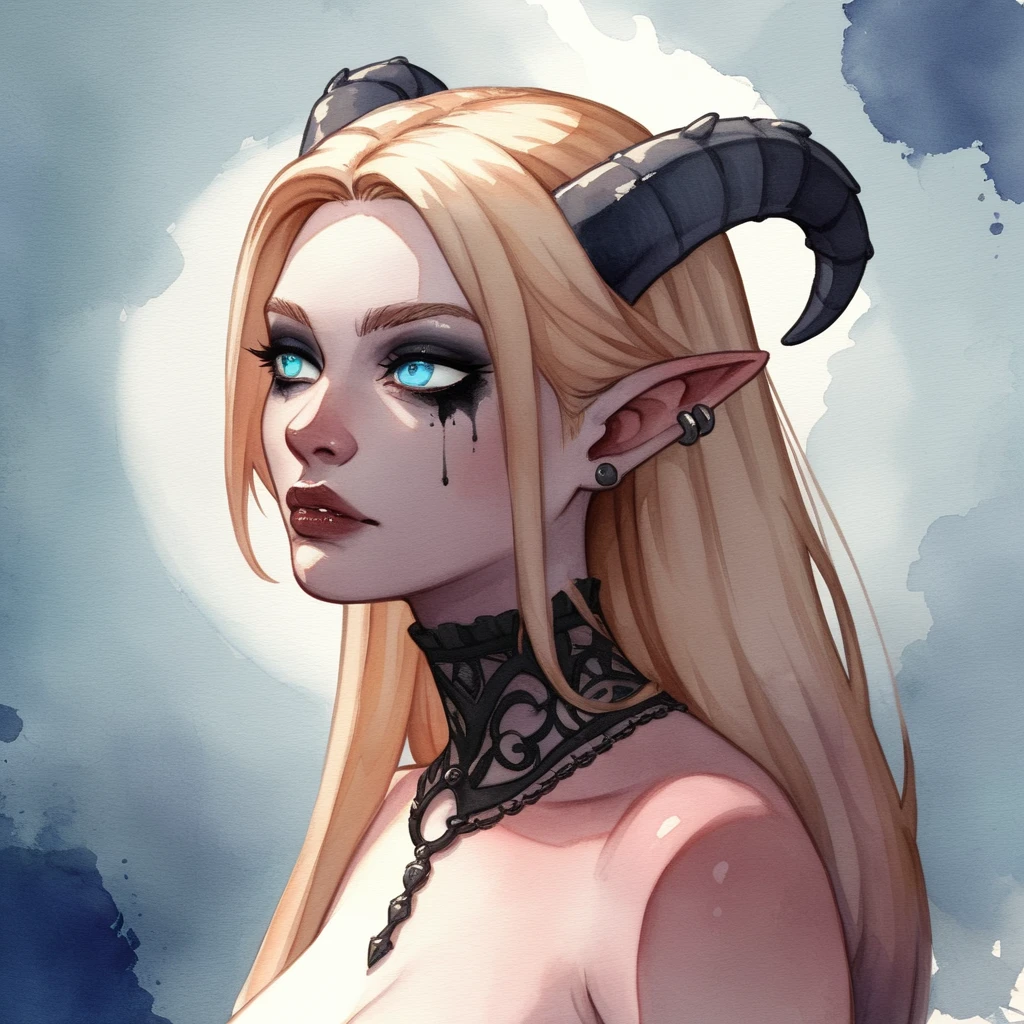 Una mujer tiefling rubia con cuernos curvados y ojos azules luminosos