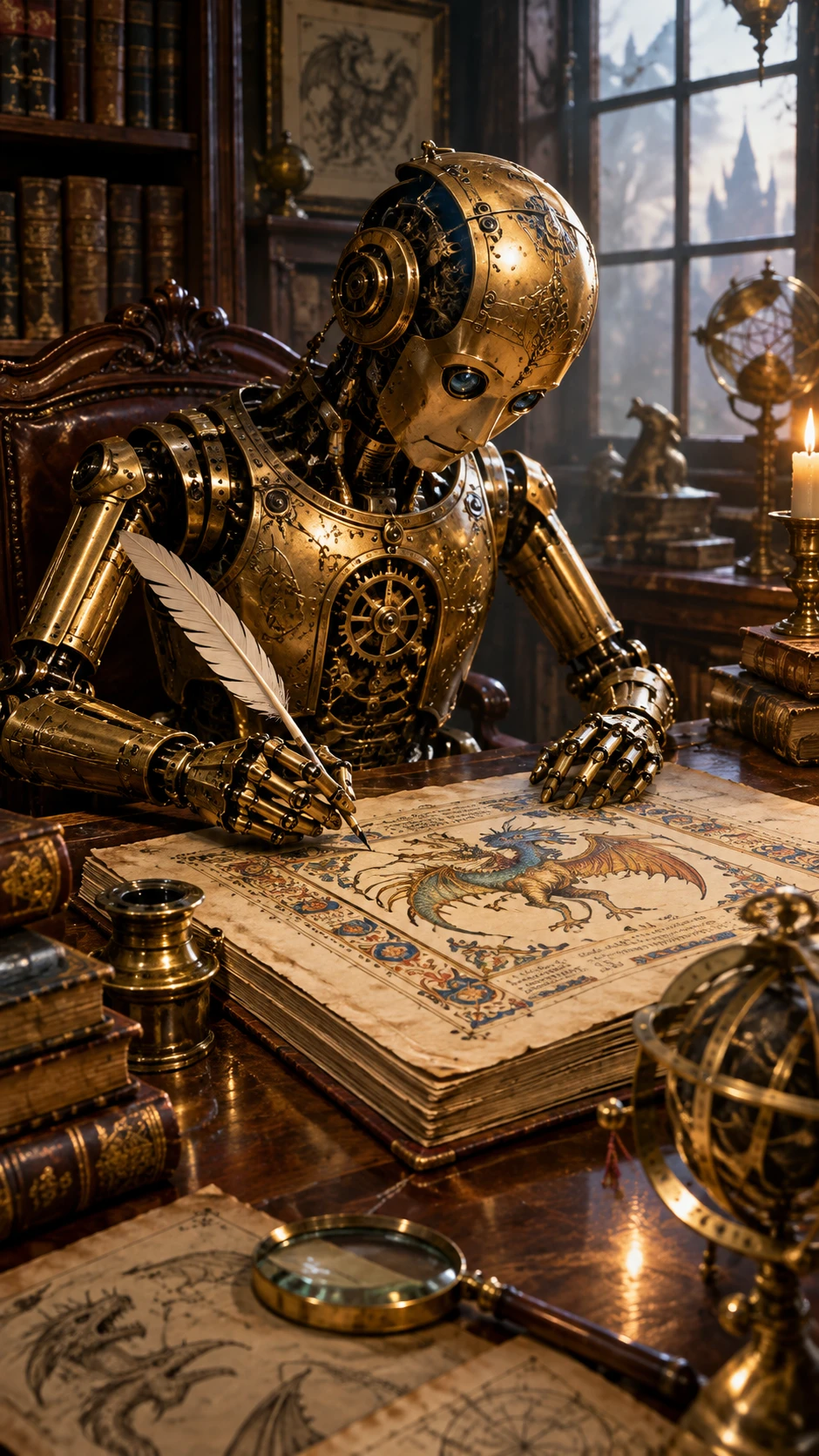 Un automa di ottone disegna una creatura fantastica in uno studio polveroso