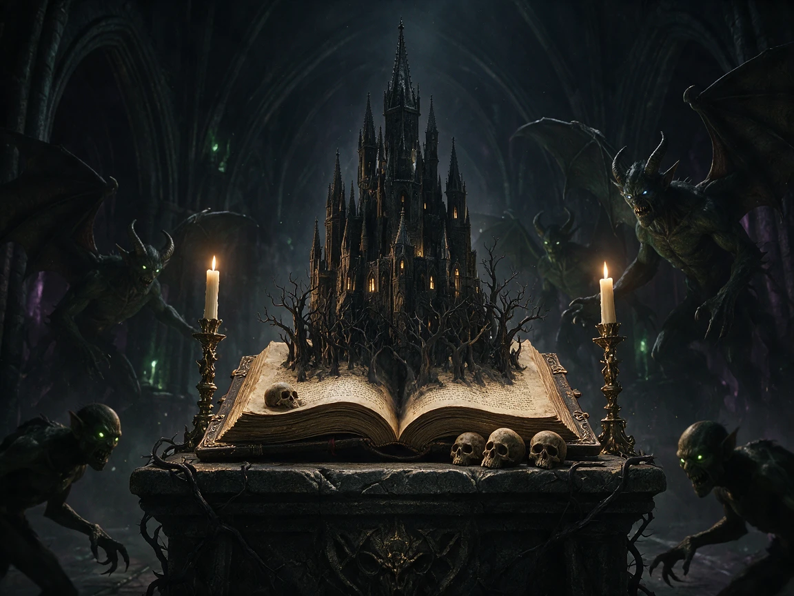 An open book reveals a dark castle on an ancient altar