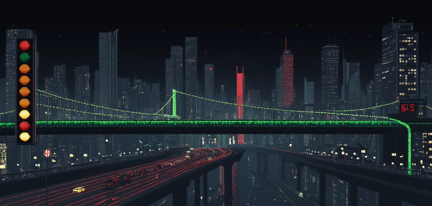 Pixel-Art-Brücke mit Ampeln über einer Stadtkulisse