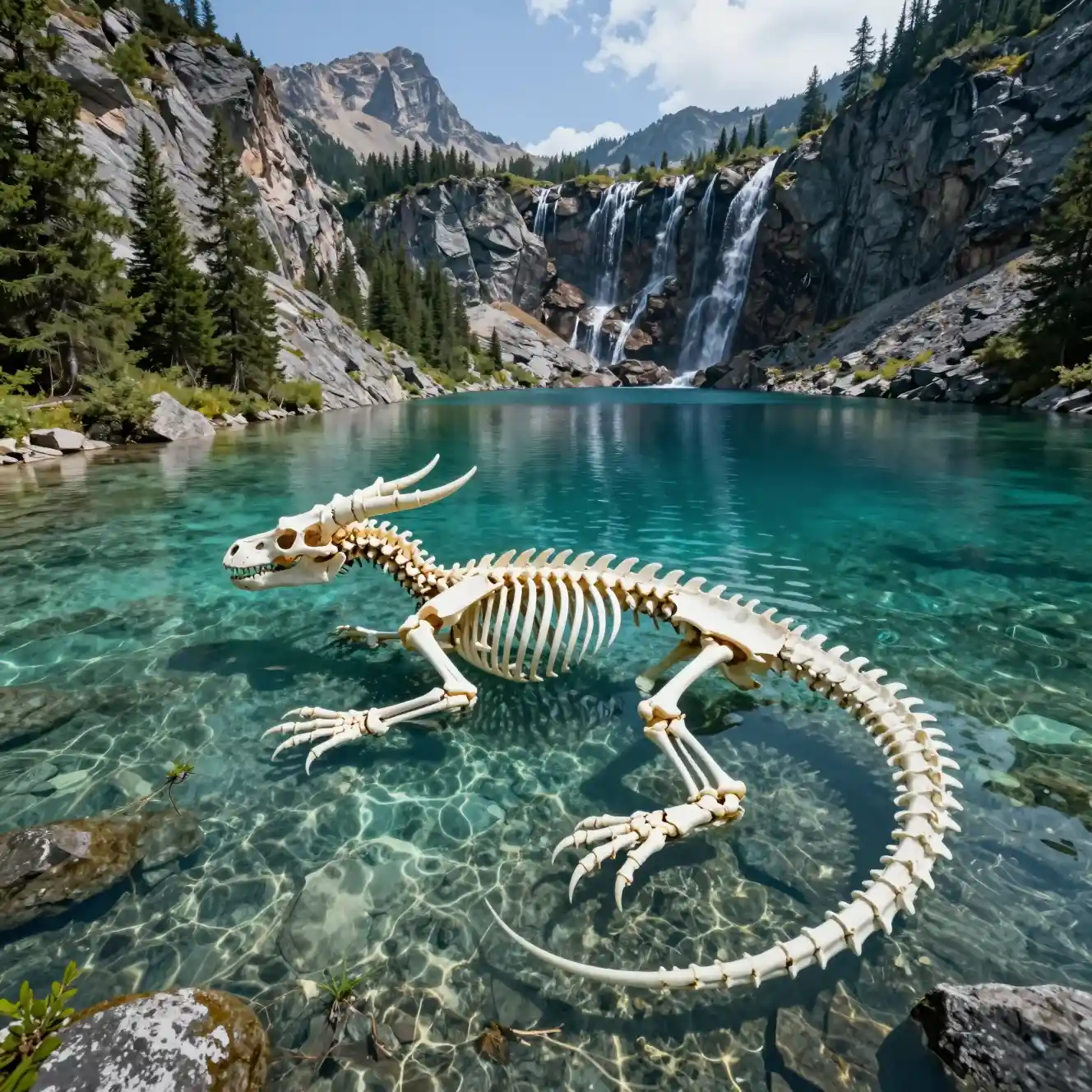Un esqueleto de dragón reposa bajo un lago de montaña cristalino