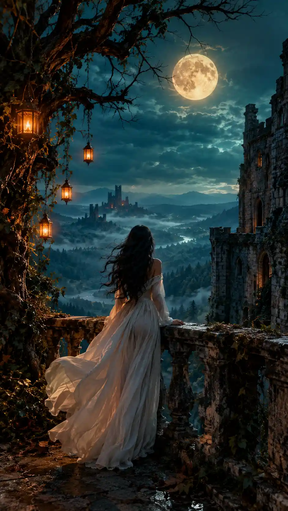 Una mujer bajo una luna dorada en un castillo en ruinas