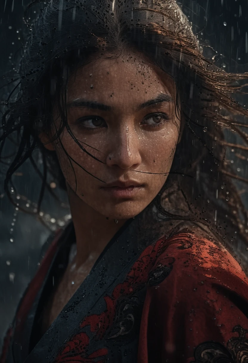 Una mujer guerrera está de pie bajo una lluvia intensa, vestida con una túnica roja bordada