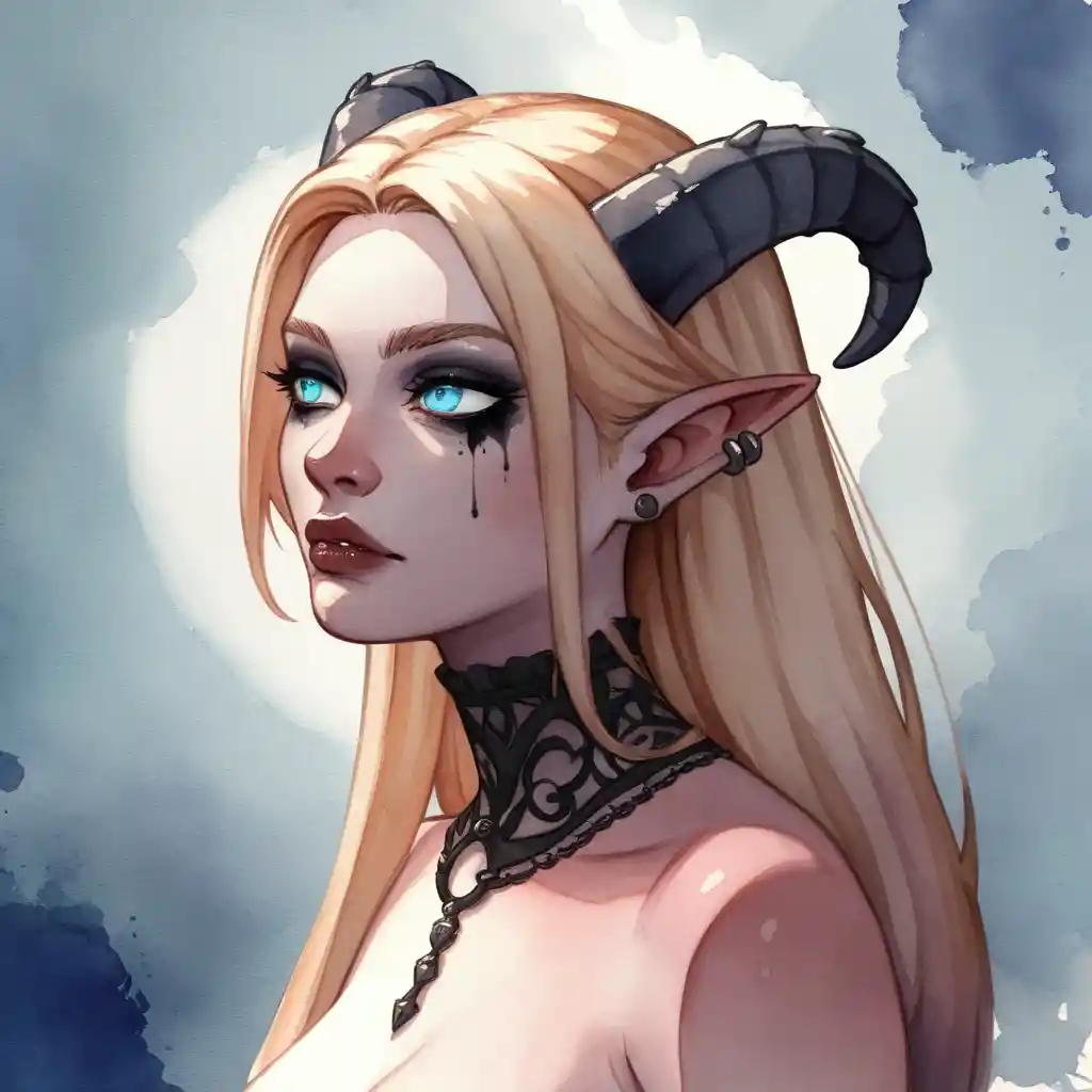 Una mujer tiefling rubia con cuernos curvados y ojos azules luminosos