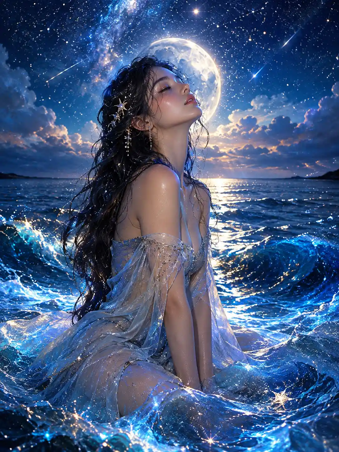 Las olas del océano a medianoche brillan bajo una lluvia de polvo estelar en el cielo azul