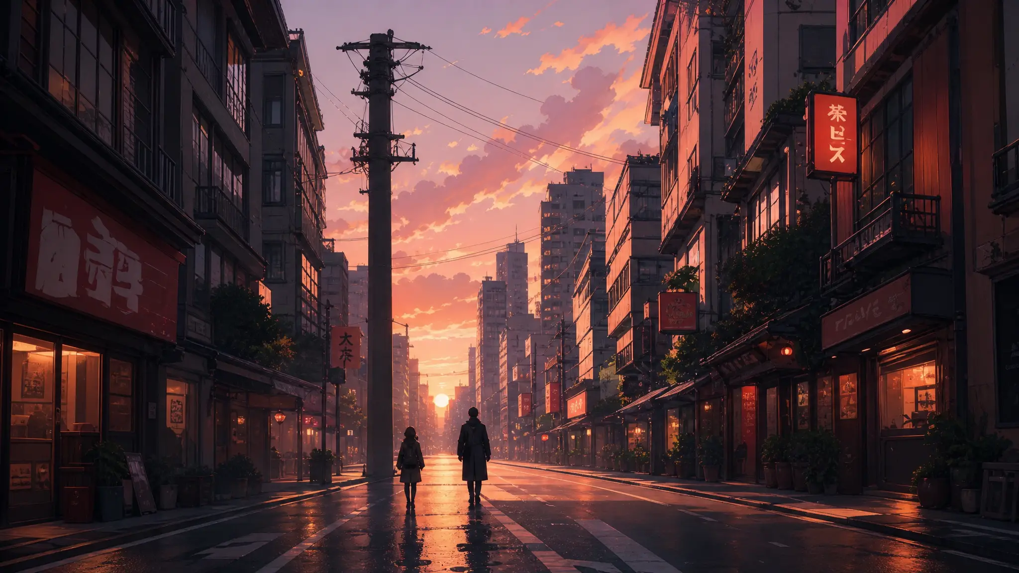 Two Silhouetted Pedestrians Walk Along a Quiet Japanese City Street at Dusk