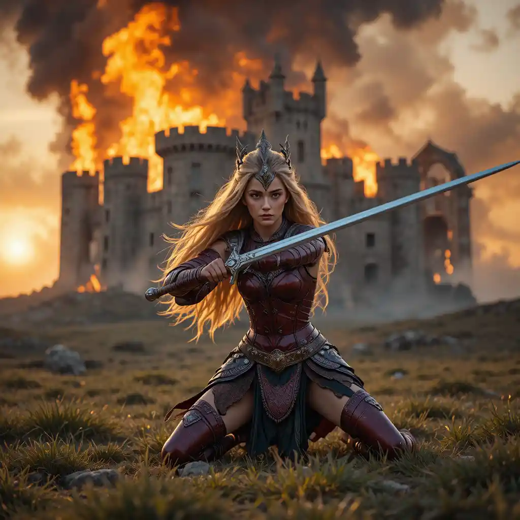 A blonde warrior kneels in a grassy field before a burning castle
