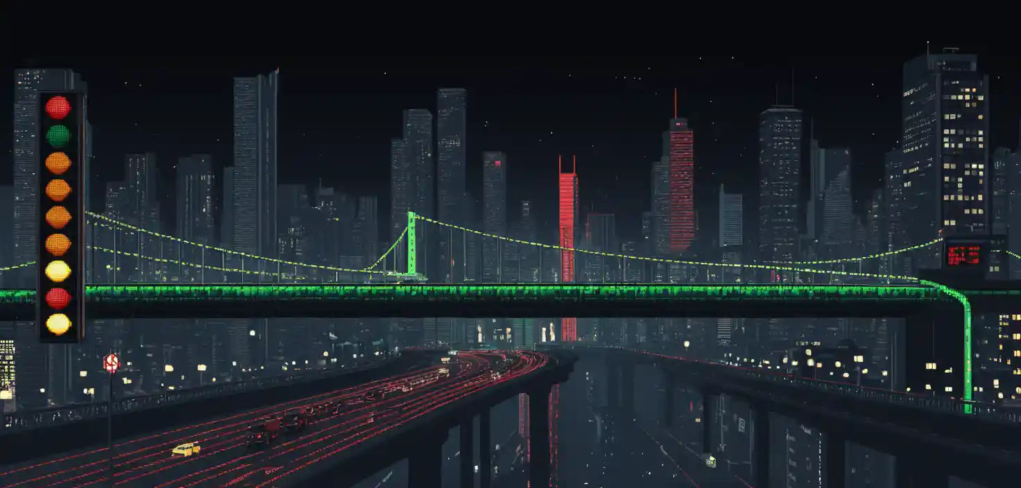 Pixel-Art-Brücke mit Ampeln über einer Stadtkulisse