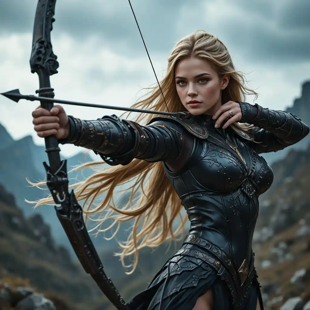 A warrior woman draws her bow beneath overcast mountain skies