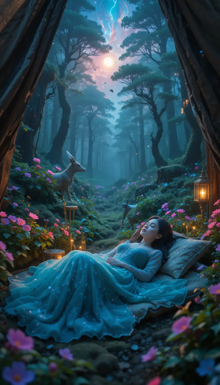 A Woman Rests Inside a Tent in a Magical Forest