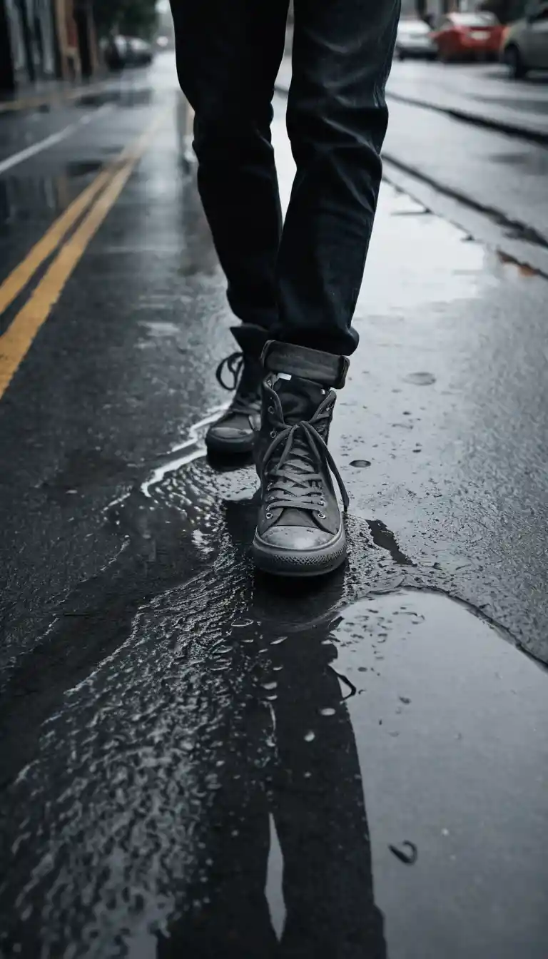 Worn high-top sneakers rest on wet asphalt beside a long puddle reflection