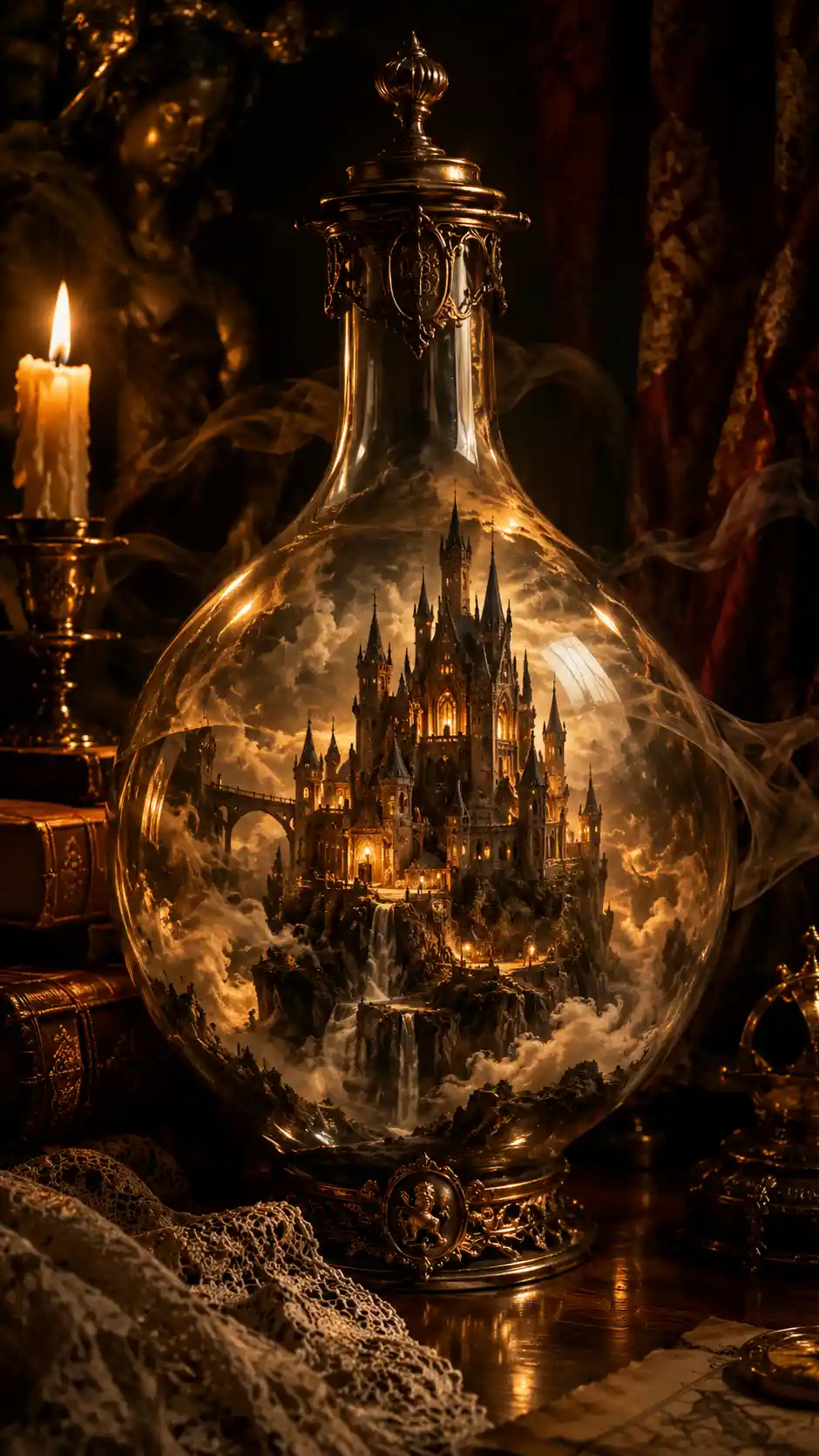 A tiny fairy tale castle enclosed within a giant glass flask