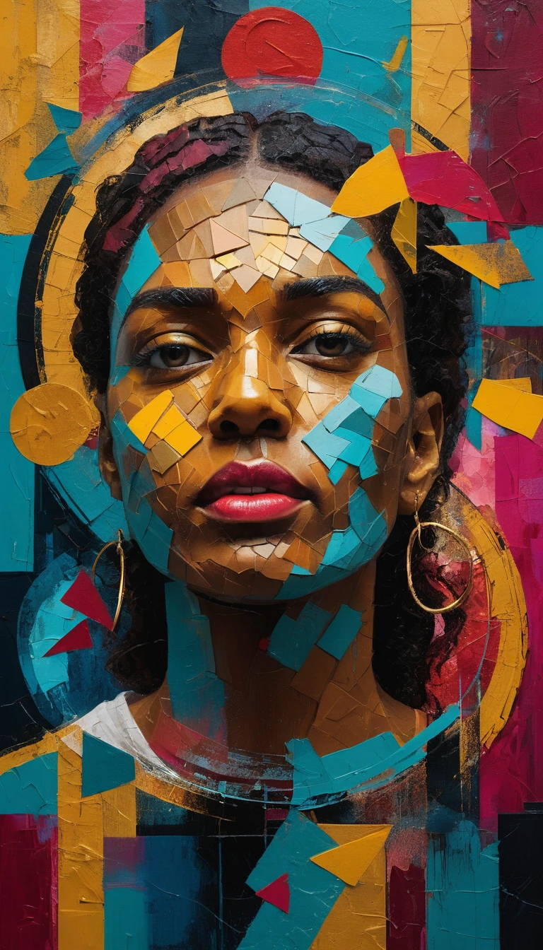 Un vibrante collage multimedia de fragmentos pictóricos expresivos y colores intensos