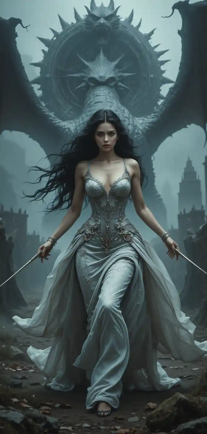 A medieval maiden charges a dragon-like creature across a mist-shrouded landscape