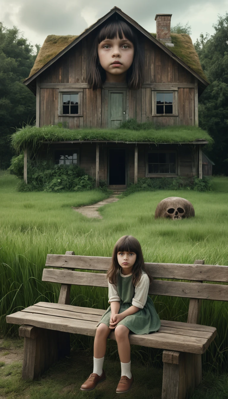 A young girl sits beside a weathered house beneath a giant head
