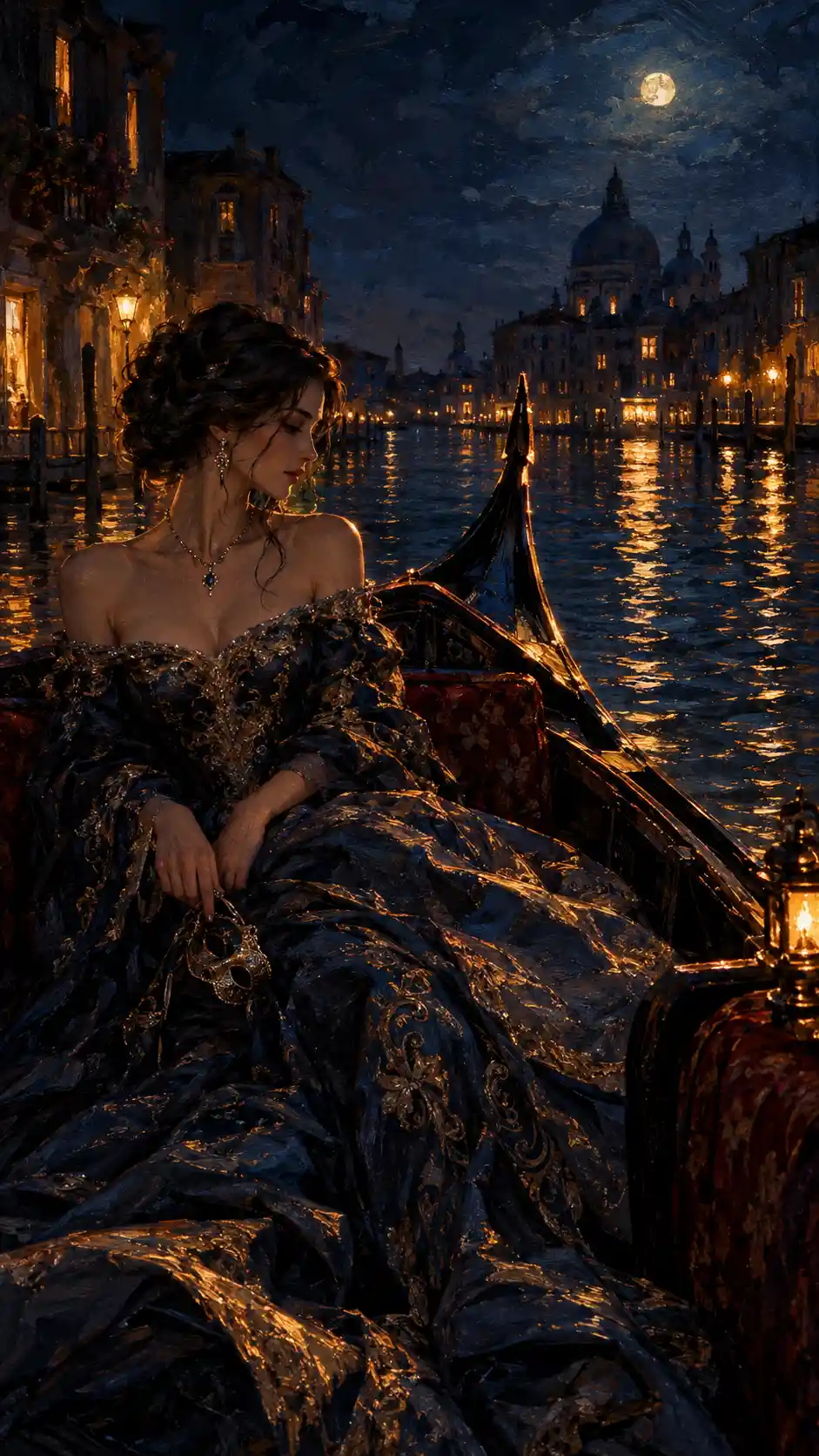 A woman glides through a Venetian canal in a gondola at night