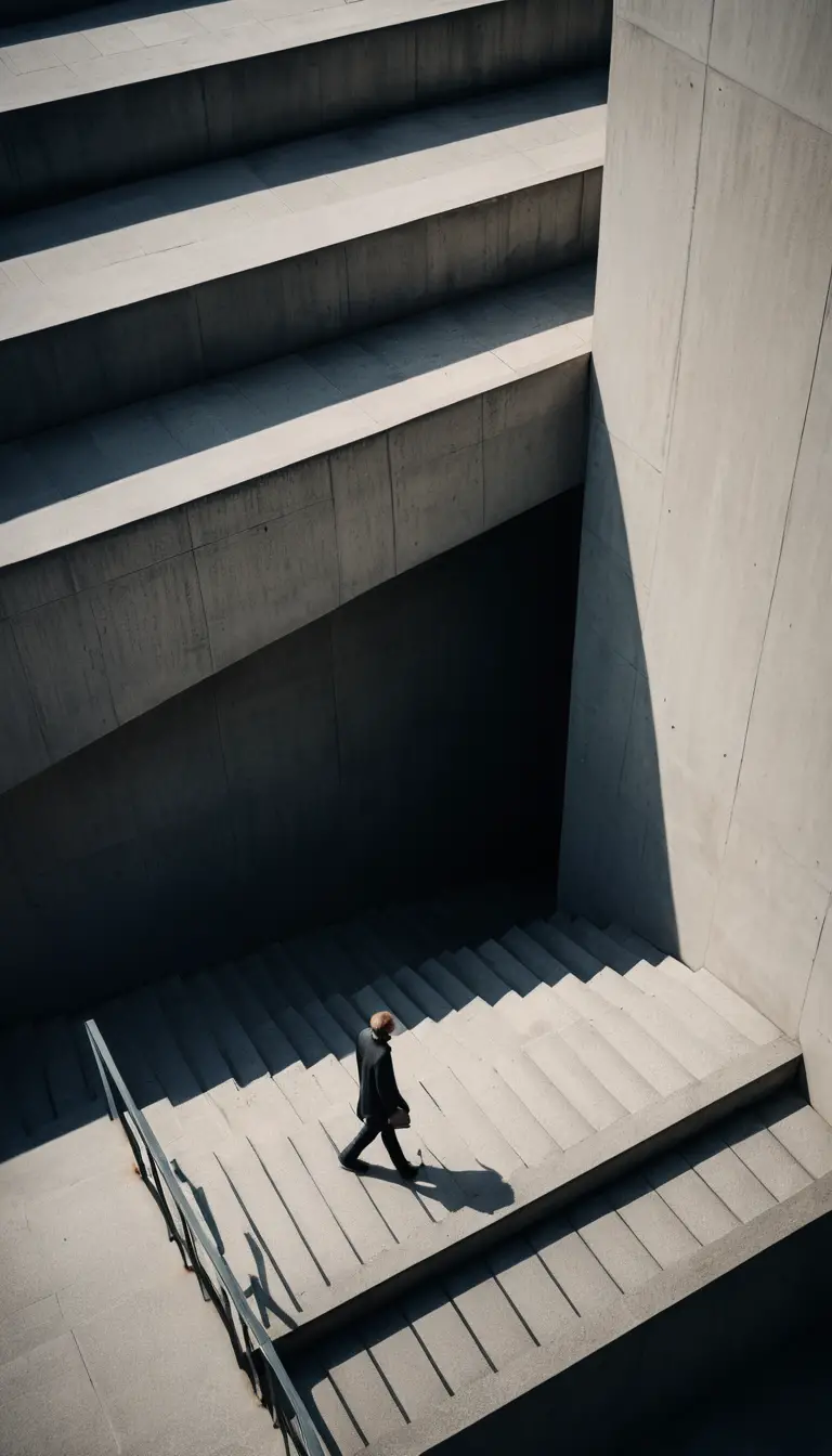 A lone pedestrian climbs monumental concrete stairs through urban shadows