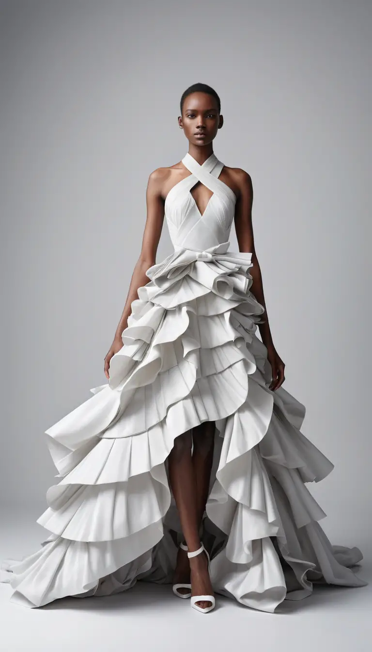A fashion model in a sculptural white haute couture gown
