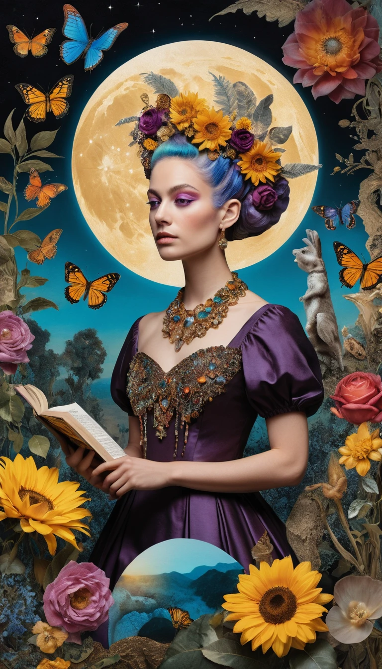 Un denso collage surrealista que combina pinturas al óleo clásicas e ilustraciones botánicas