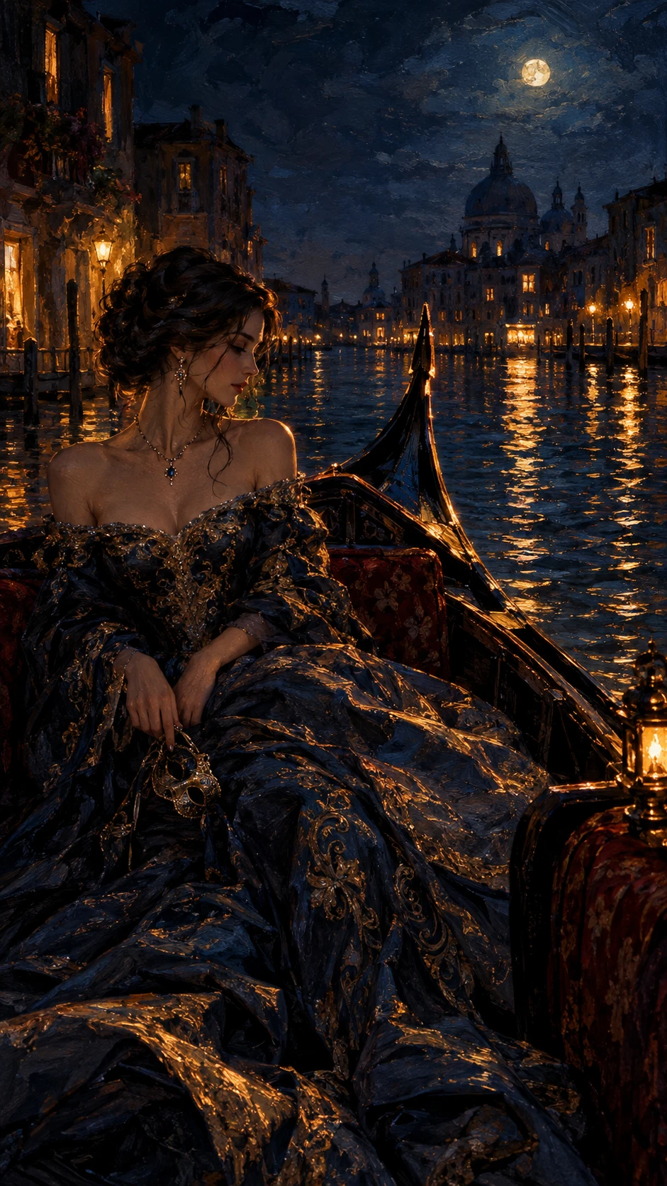 A woman glides through a Venetian canal in a gondola at night
