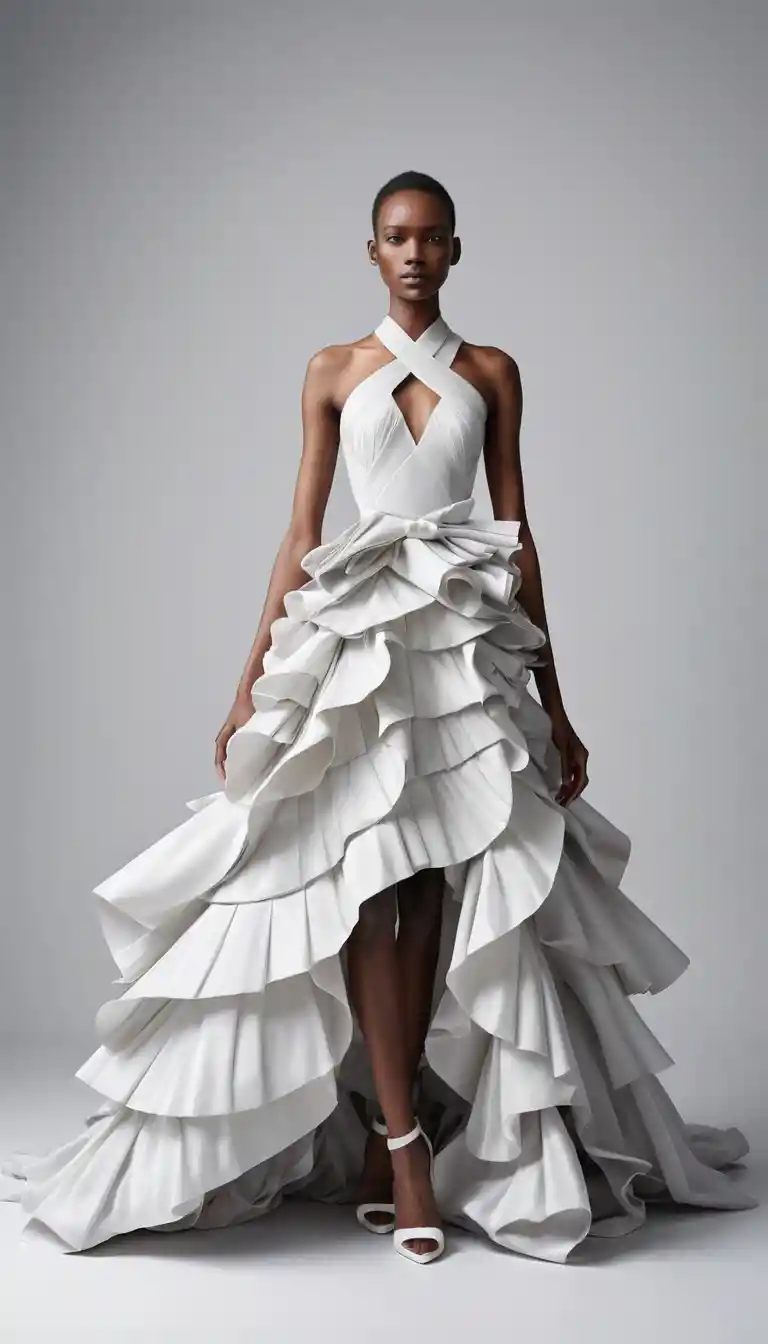 Ein Model in einem skulpturalen weißen Haute-Couture-Kleid