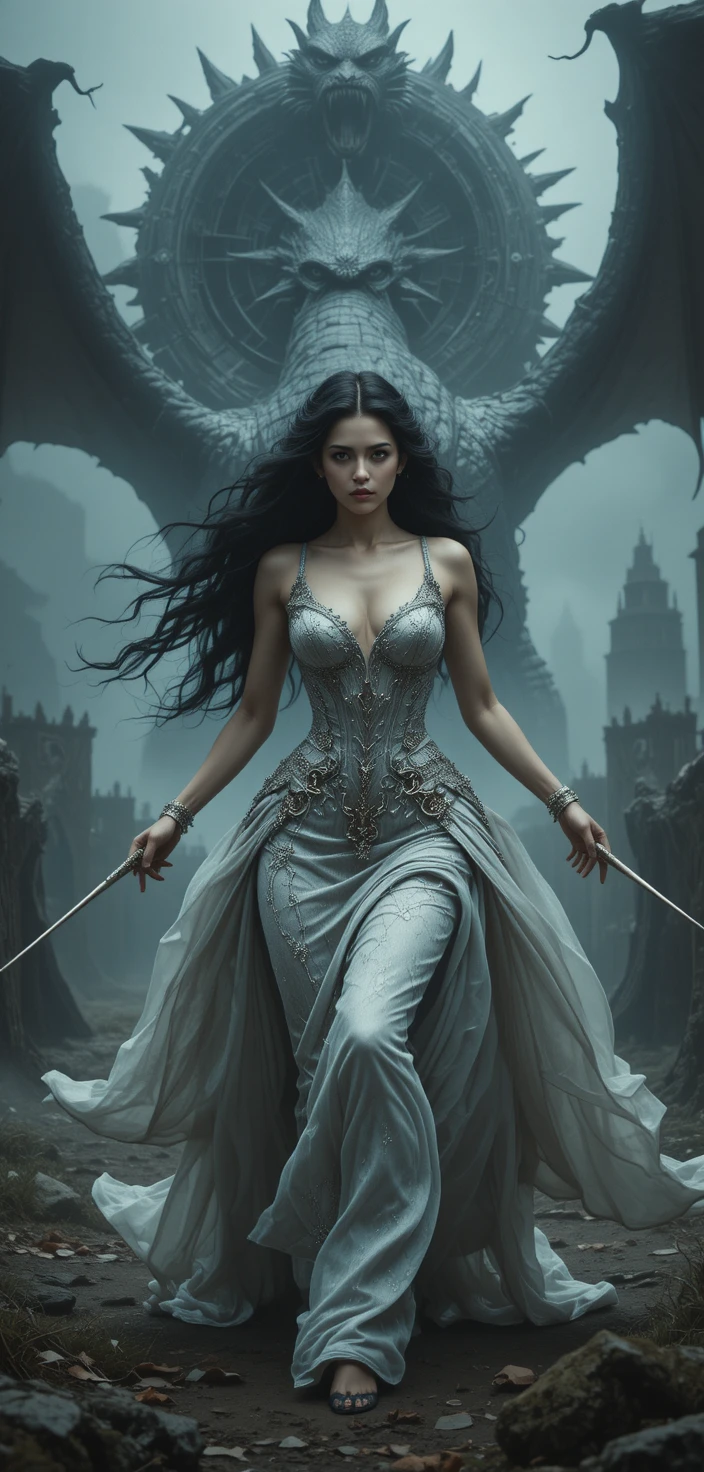 A medieval maiden charges a dragon-like creature across a mist-shrouded landscape