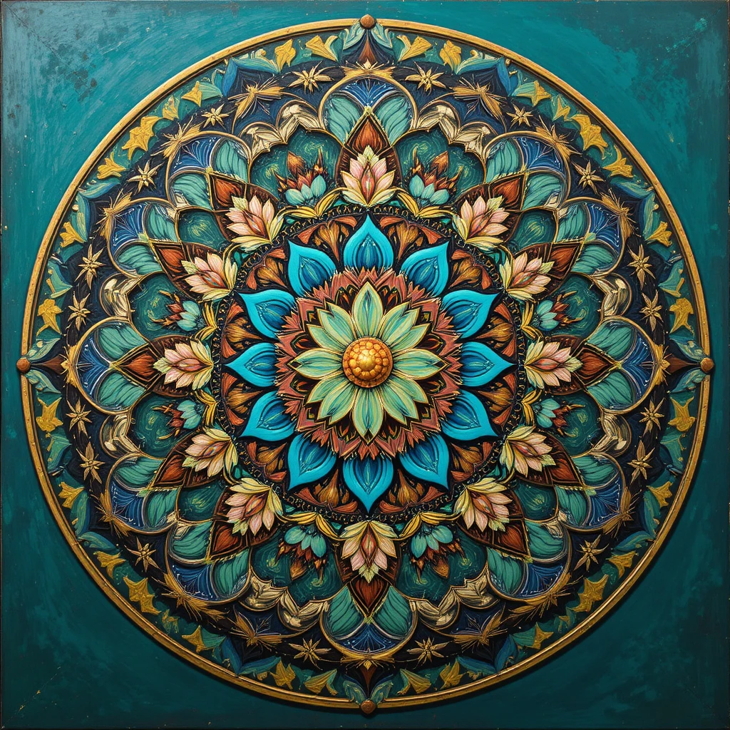 Mandala floral radial con patrones decorativos en turquesa y coral