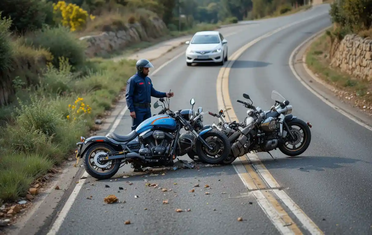 Overturned motorcycles mark a rural roadside traffic accident