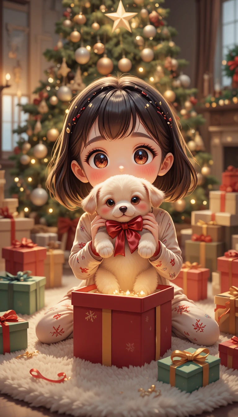 Una niña celebra la Navidad con su perrito bajo un árbol decorado