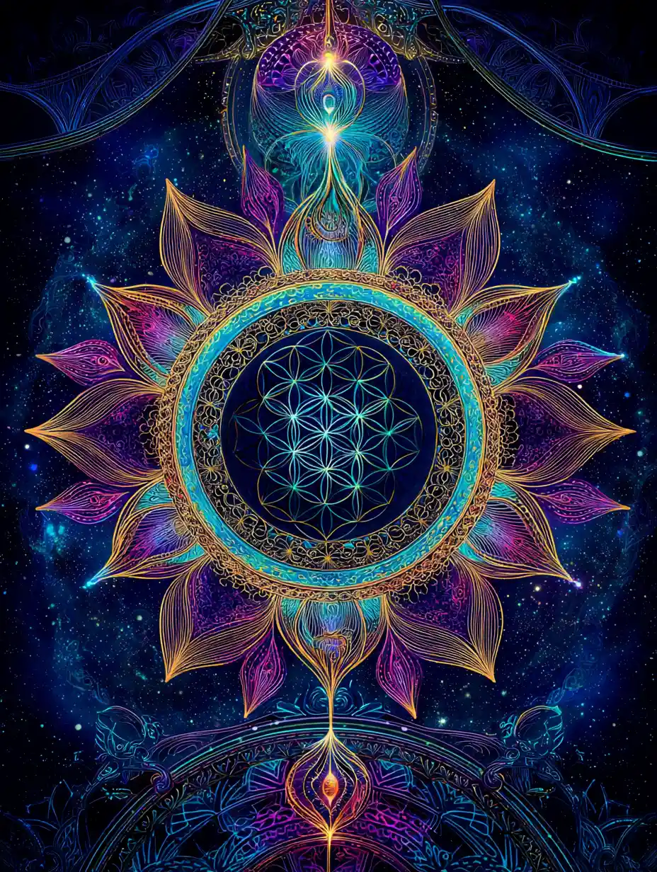 A Luminous Cosmic Mandala Glows Against an Indigo Starfield