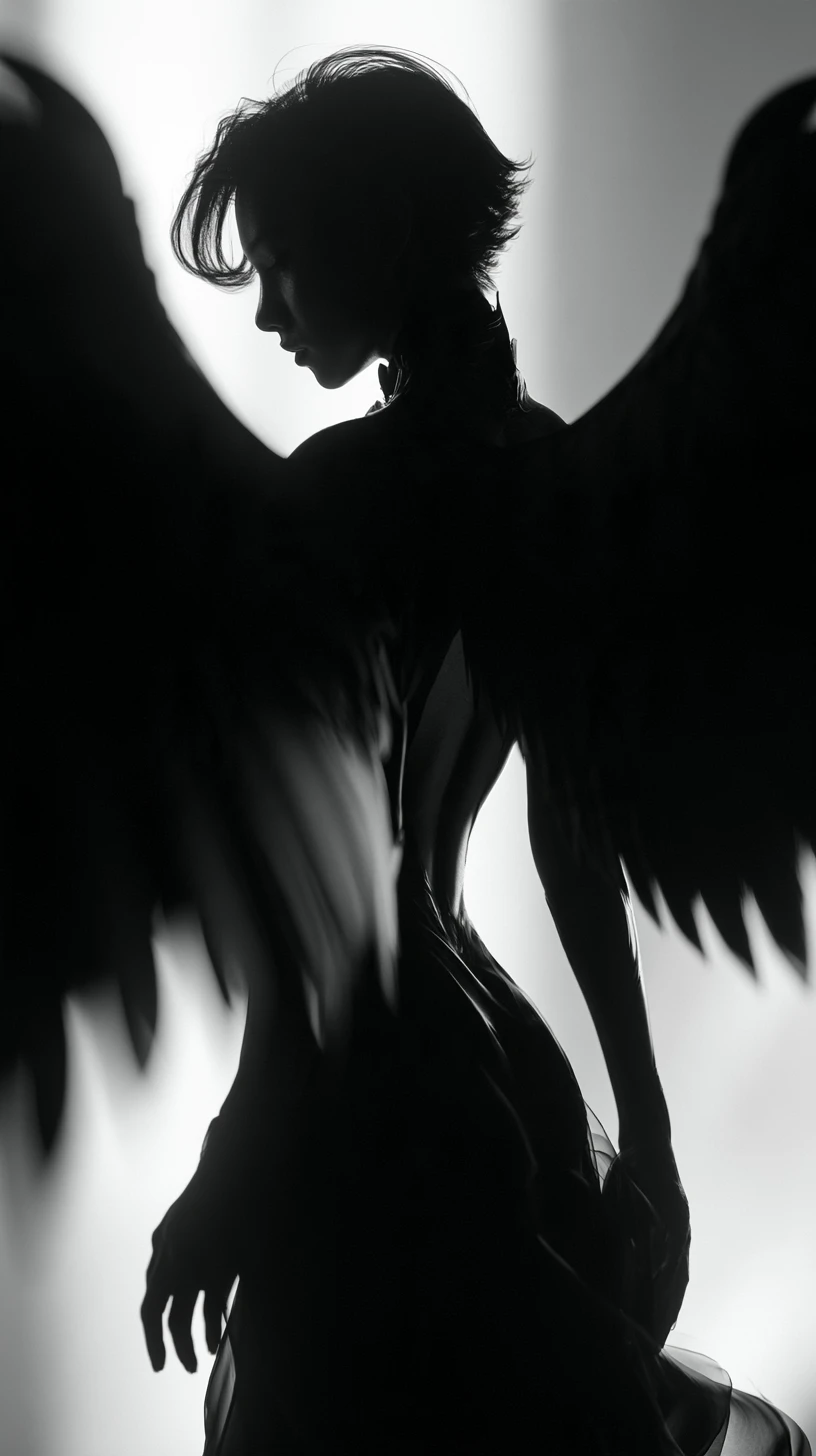 Un ángel femenino con enormes alas simétricas visto desde atrás