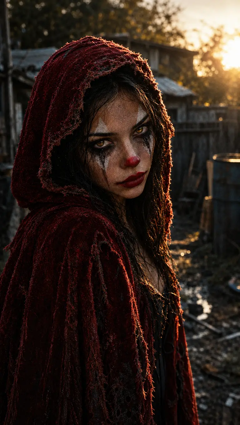 Una giovane donna con il trucco da clown guarda da sotto un mantello rosso di velluto logoro