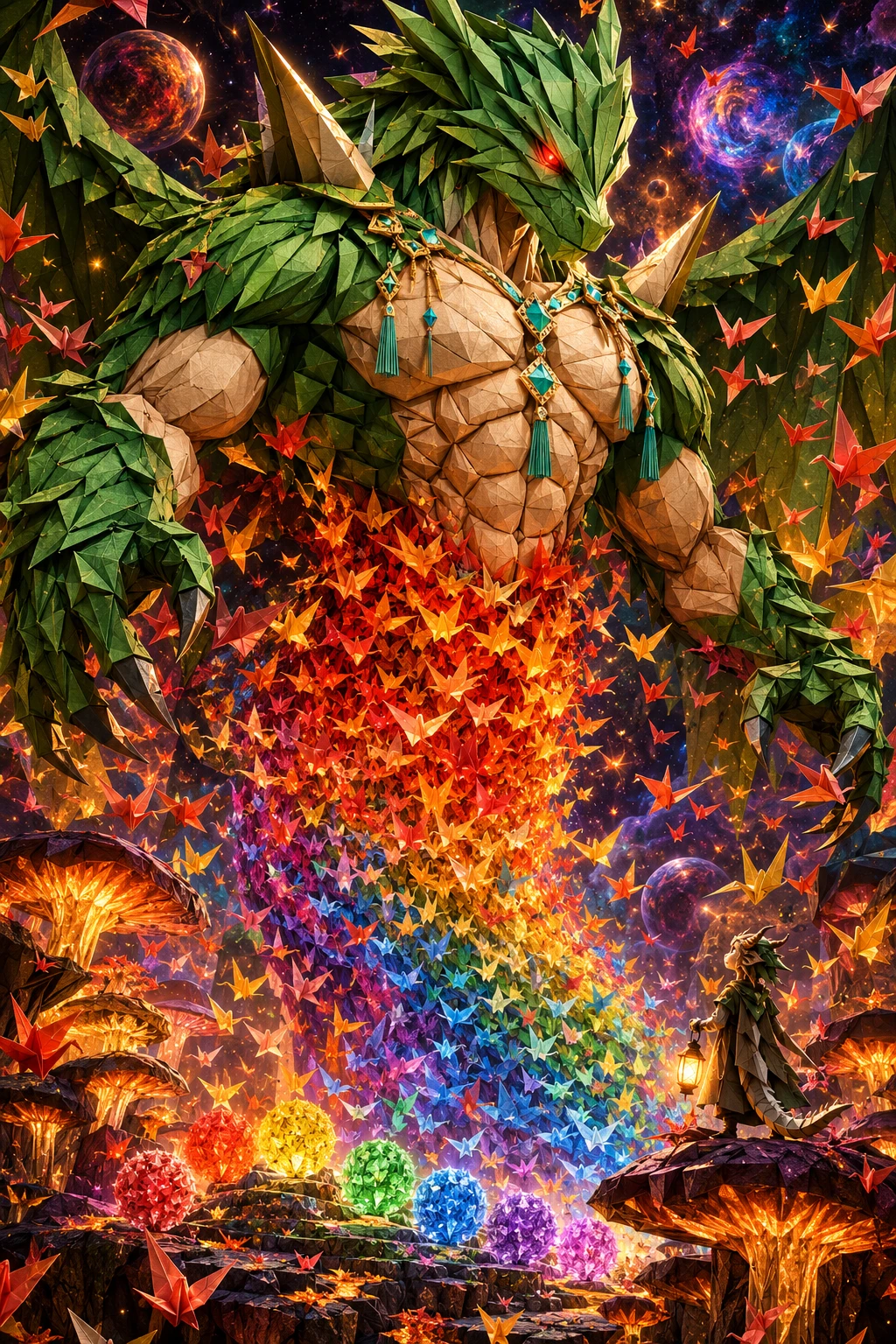 A green origami dragon towers above a dark mushroom forest