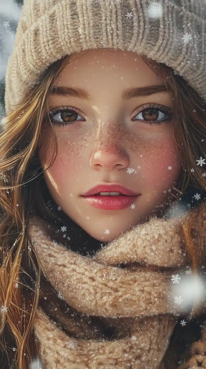 A Young Girl Smiles Beneath Falling Snow in a Quiet Winter Village