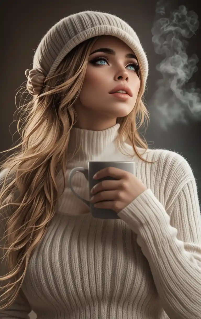 Blonde woman in cream turtleneck sips steaming coffee amid hazy fog