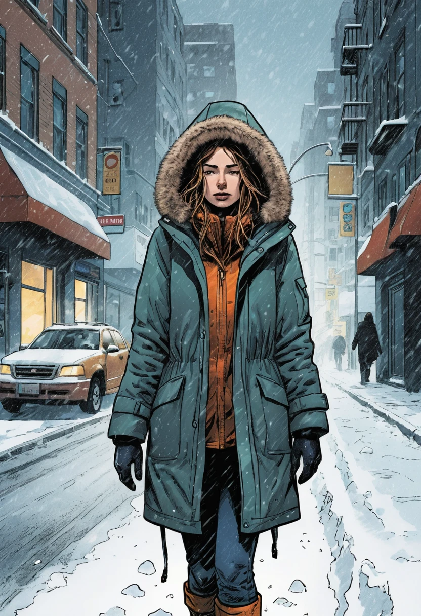 Una mujer con una parka gruesa avanza con dificultad por una calle nevada
