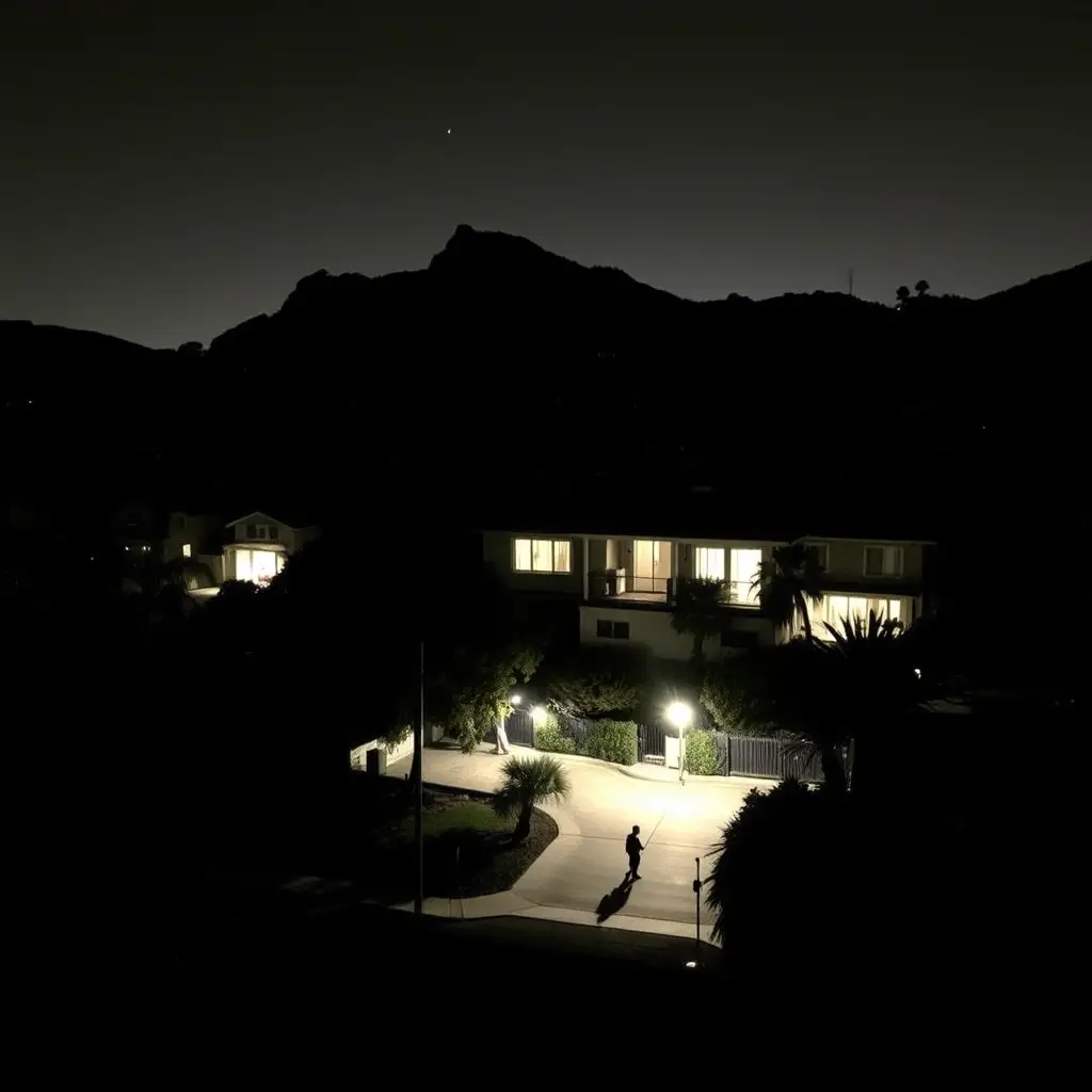 Casas tranquilas de Hollywood, ocultas en lo profundo de Benedict Canyon por la noche