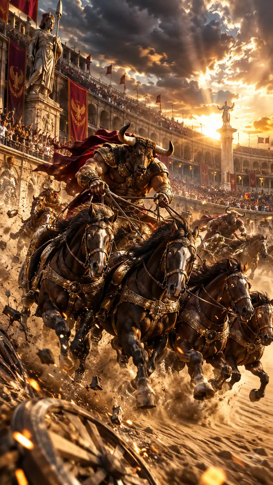 Minotaurs race four-horse chariots through a monumental Roman arena